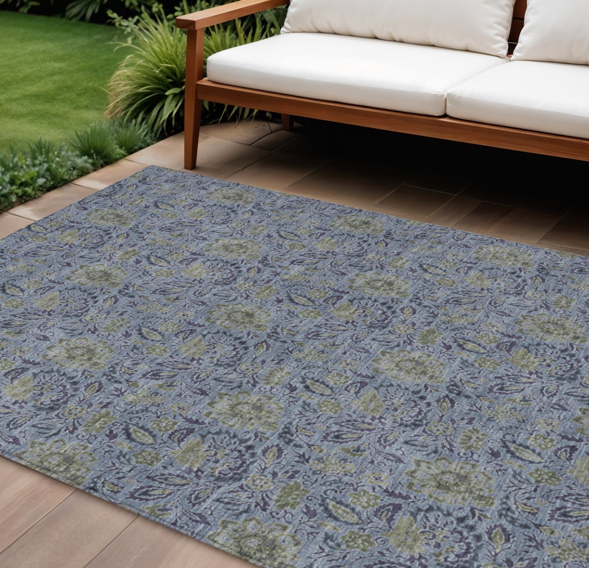 580435 10 x 14 ft. Floral Washable Indoor & Outdoor Rectangle Area Rug, Denim Blue, Navy Blue & Gray
