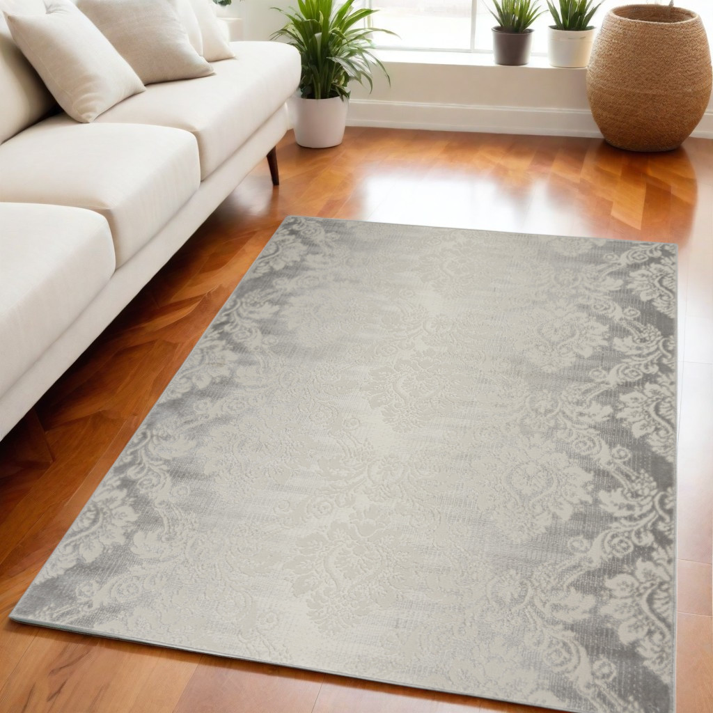 550162 5 x 7 ft. Damask Distressed Non Skid Rectangle Area Rug, Gray & Ivory