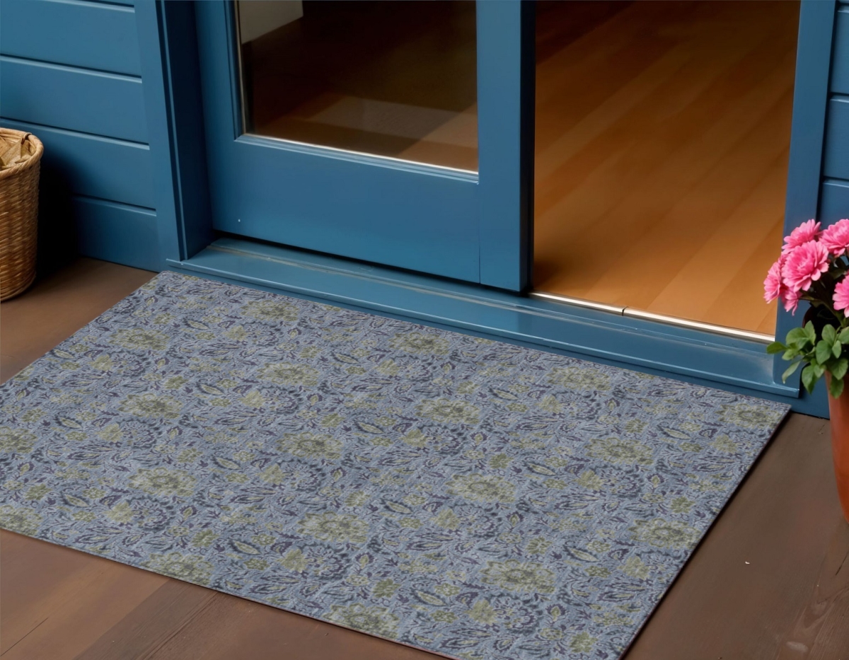 580430 3 x 5 ft. Floral Washable Indoor & Outdoor Rectangle Area Rug, Denim Blue, Navy Blue & Gray
