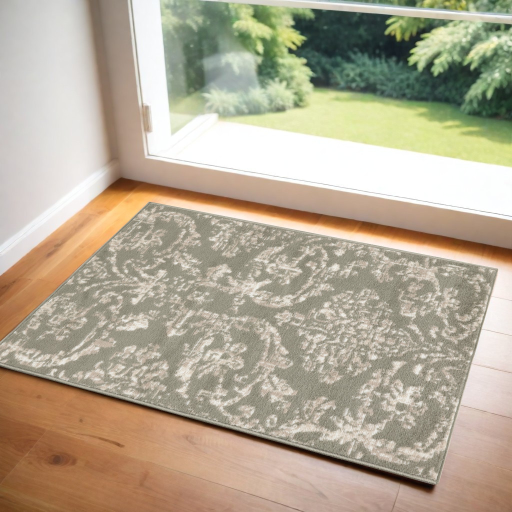 552980 2 x 4 ft. Damask Distressed Rectangle Area Rug, Olive Green & Ivory