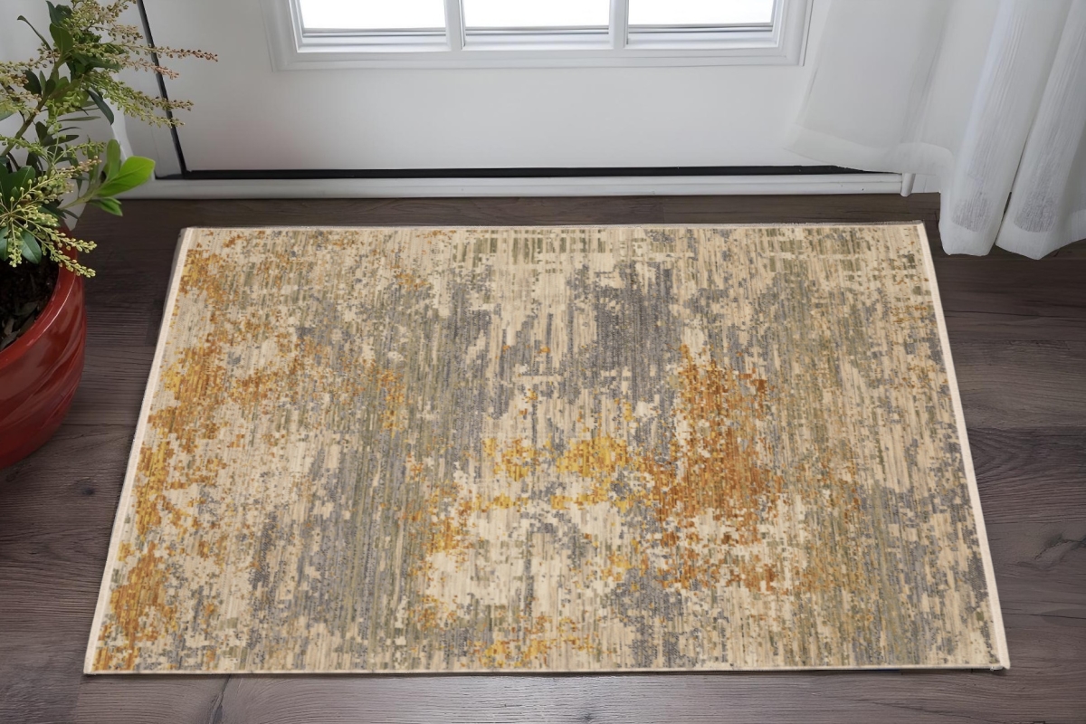 575193 2 x 3 ft. Abstract Rectangle Area Rug with Fringe, Beige & Gold