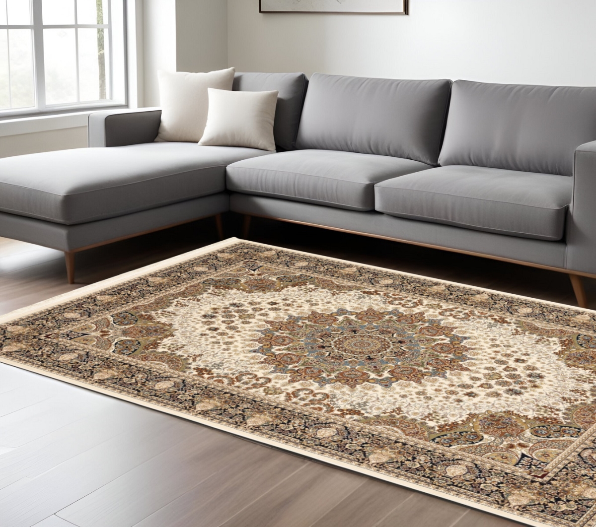 574565 10 x 13 ft. Medallion Traditional Rectangle Area Rug with Fringe, Ivory, Black & Tan