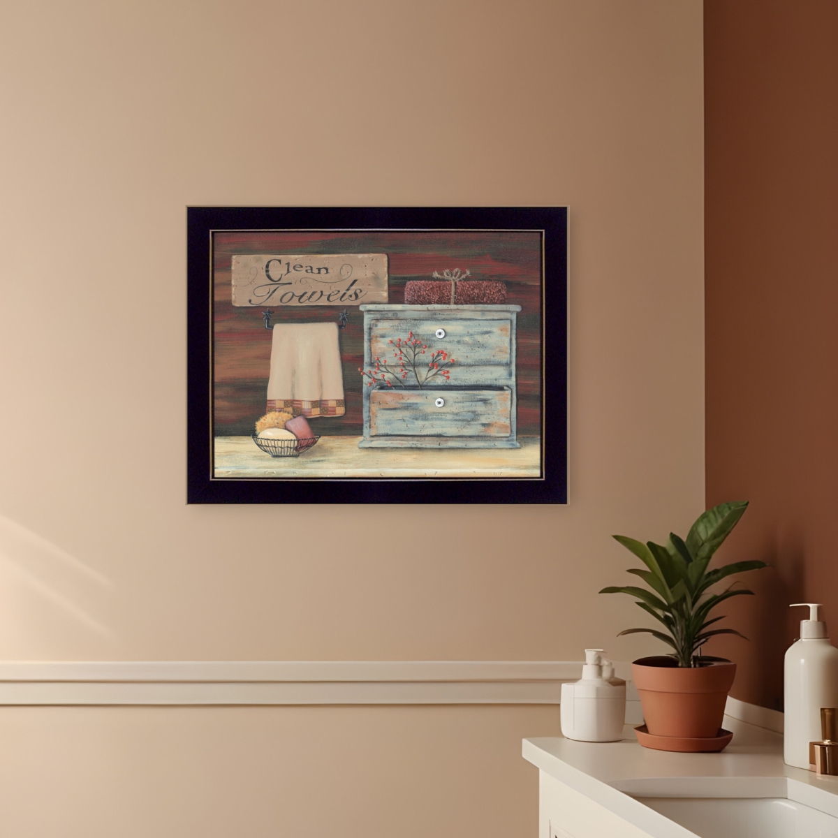 415959 Clean Towels Black Framed Print Bathroom Wall Art