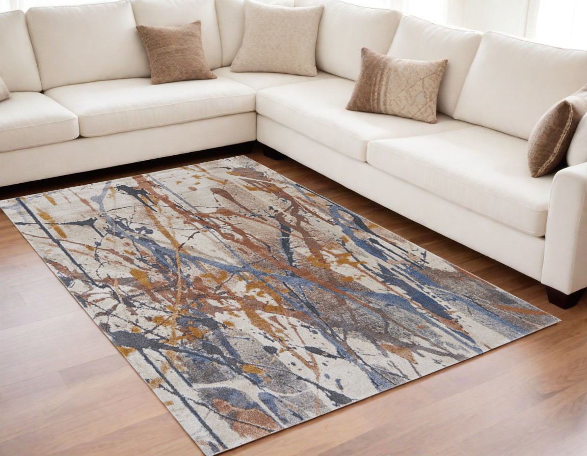 567228 5 x 8 ft. Abstract Power Loom Rectangle Area Rug, Ivory, Blue & Brown