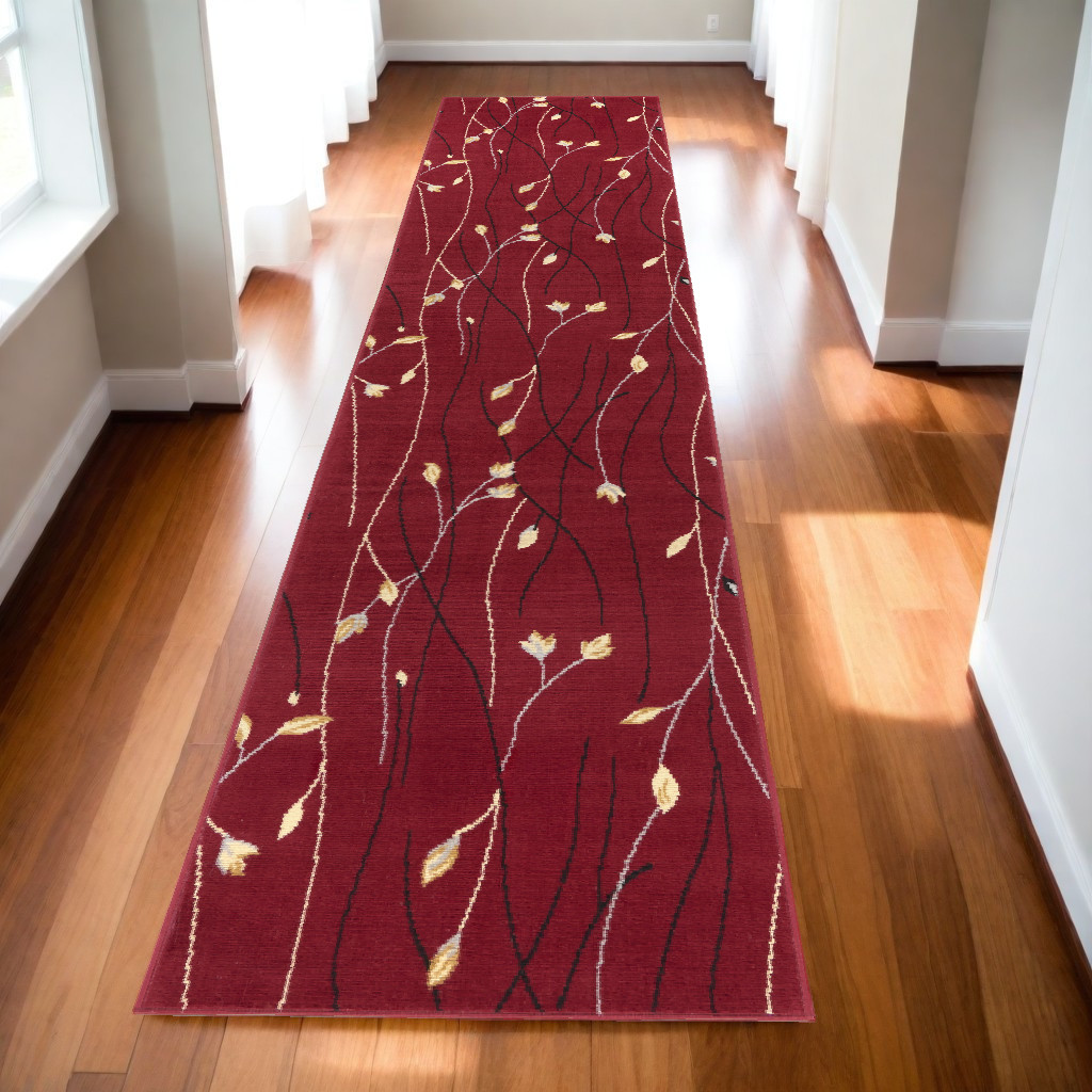 545420 12 ft. Floral Vines Power Loom Runner Rug, Red, Black & Ivory