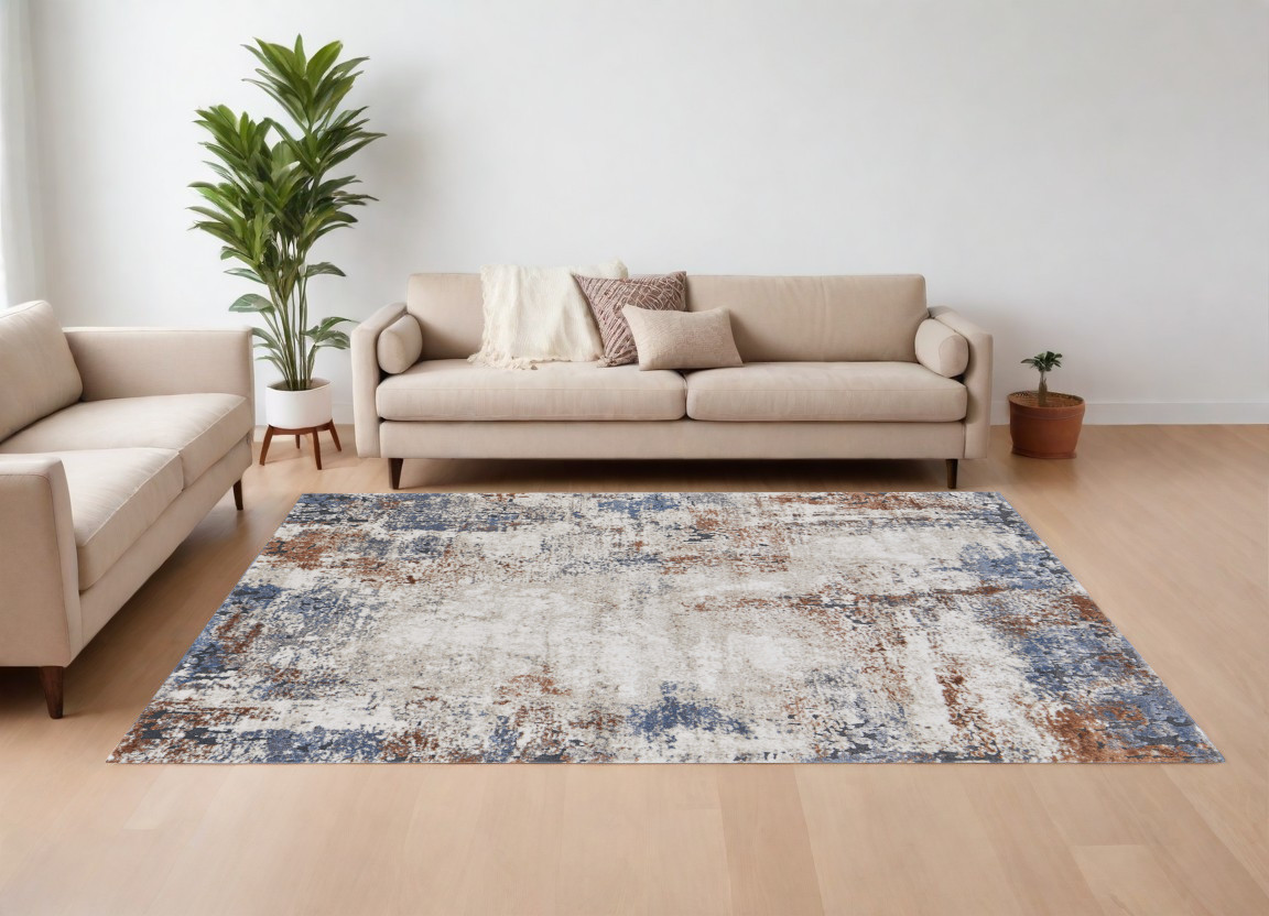 567224 8 x 10 ft. Abstract Power Loom Worn Faded Rectangle Area Rug, Blue, Gray & Brown