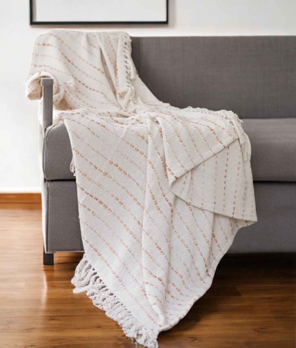 Woven Striped Throw Blanket - White & Brown - 50 x 60 in. - Soft Cotton Blend