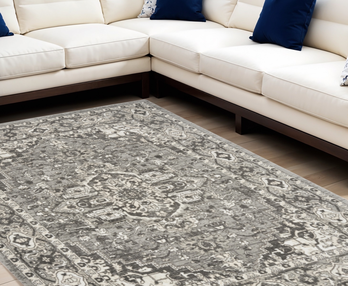 545208 8 x 10 ft. Medallion Power Loom Distressed Traditional Rectangle Area Rug, Gray & Ivory