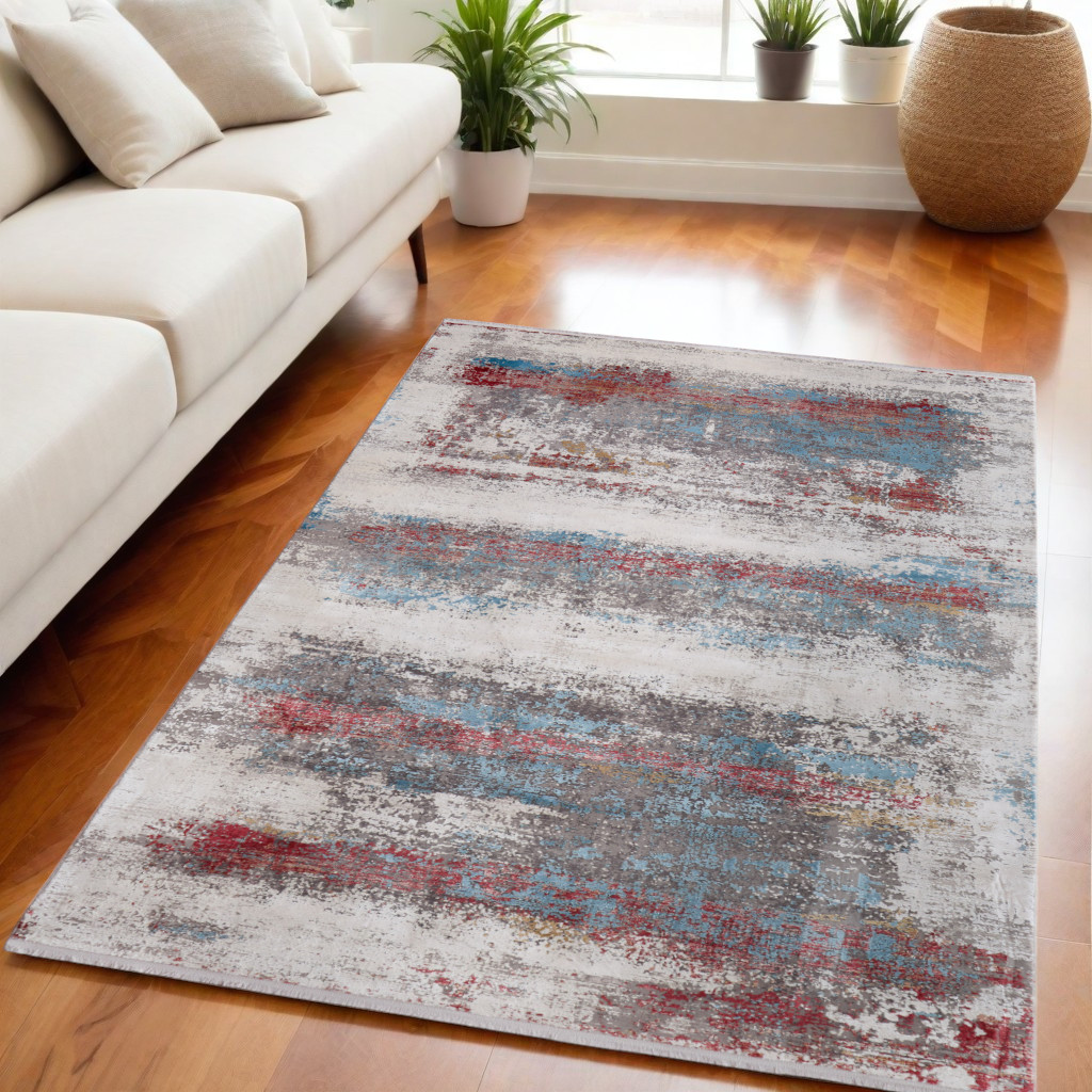 566053 5 x 8 ft. Abstract Power Loom Rectangle Area Rug with Fringe, Gray, Blue & Red