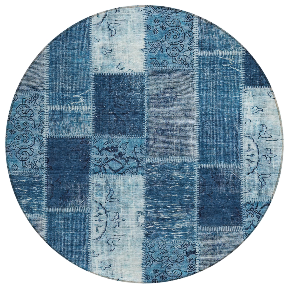 579315 8 ft. Round Patchwork Washable Indoor & Outdoor Area Rug, Navy Blue & Sky Blue