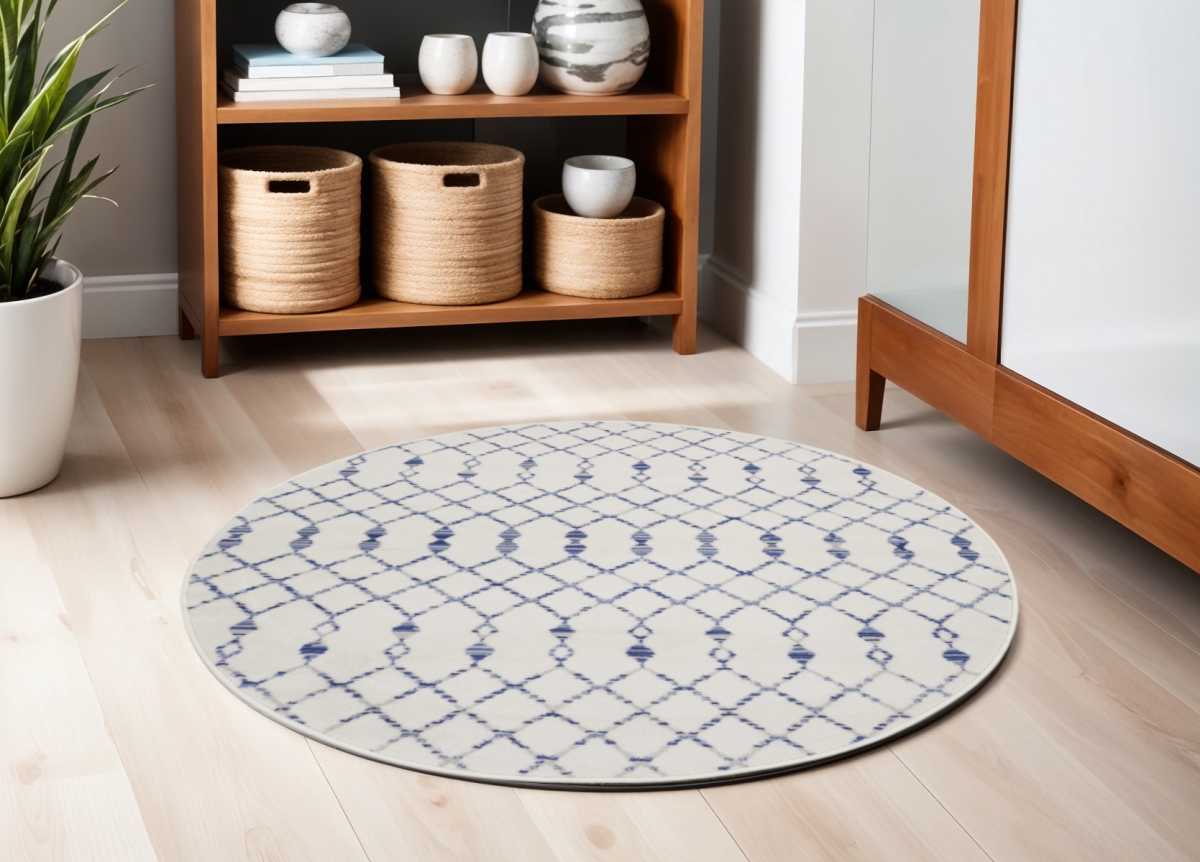 552420 5 ft. Geometric Power Loom Round Rug, Ivory & Blue