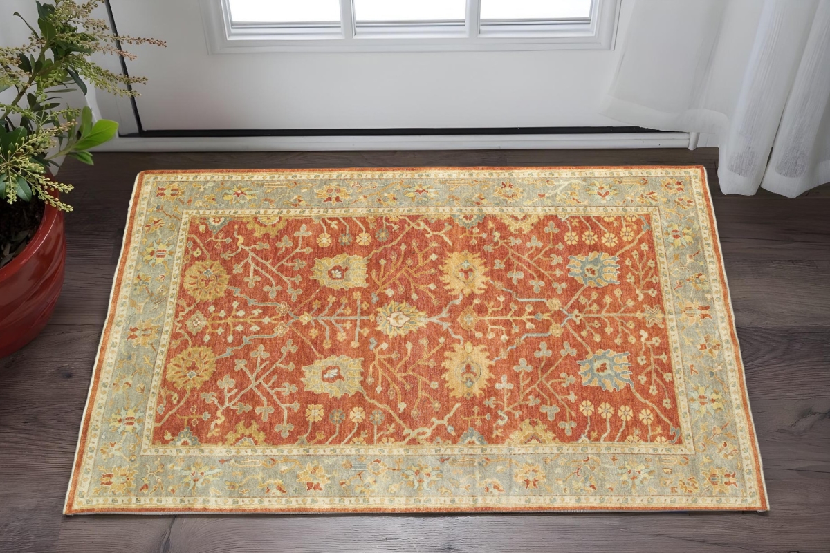575213 2 x 3 ft. Wool Oriental Hand Knotted Rectangle Area Rug, Red & Gray