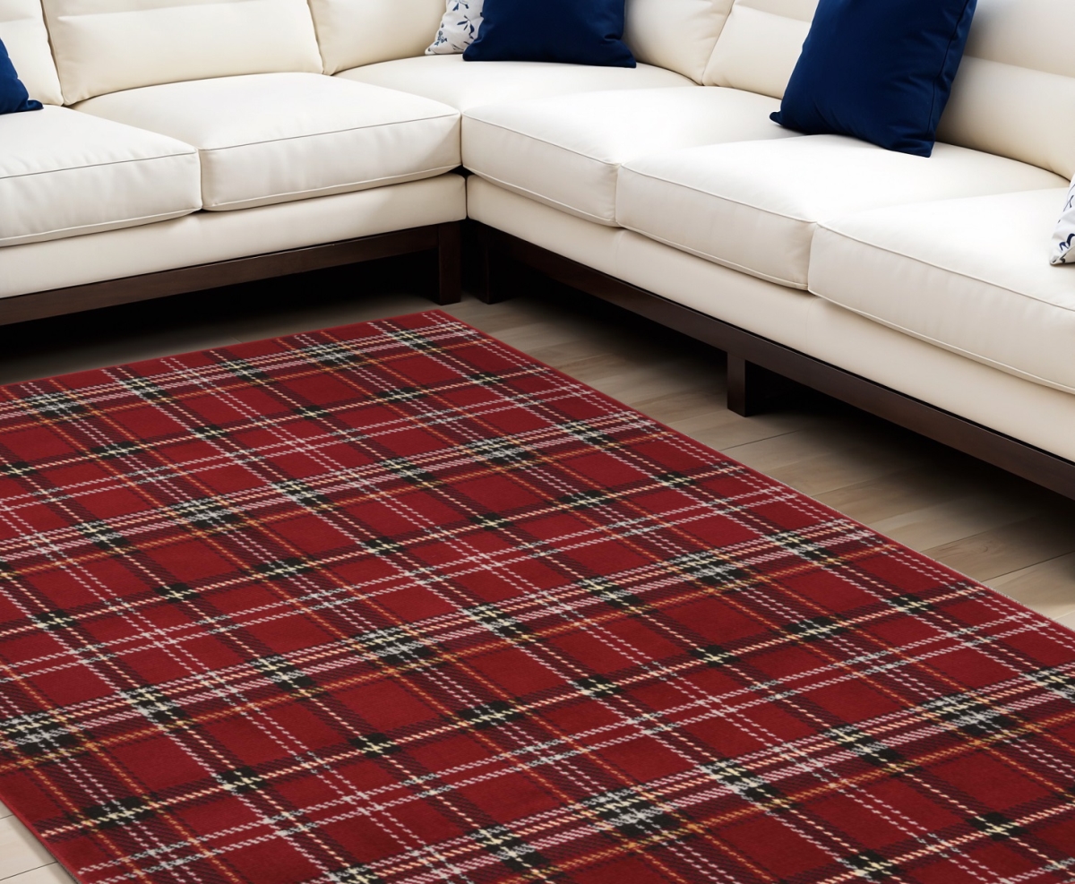 545430 7 x 10 ft. Plaid Power Loom Rectangle Area Rug, Red & Black