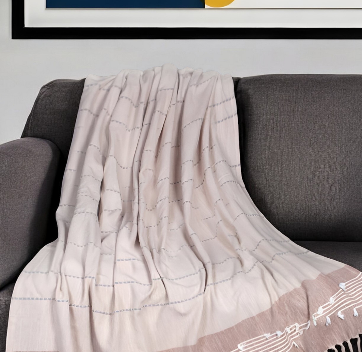Woven Cotton Striped Throw Blanket - Gray & Rust - 50 x 60 in. - Cozy Fringe Design