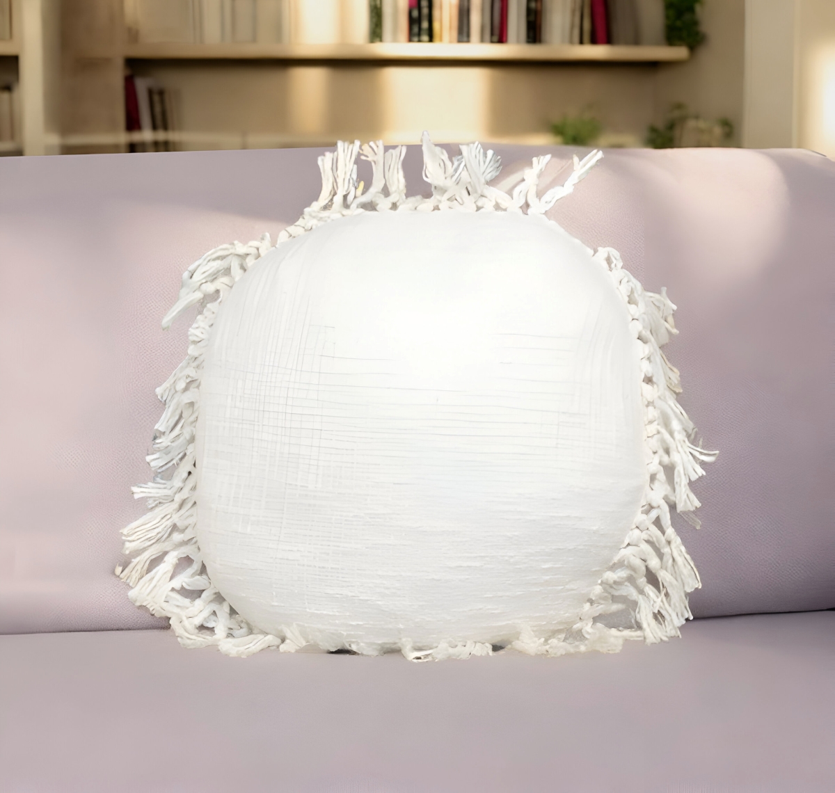 529236 18 x 18 in. White Round Cotton Throw Pillow with Fringe
