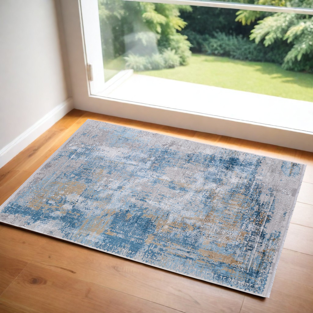 566022 3 x 5 ft. Abstract Power Loom Rectangle Area Rug with Fringe, Blue, Gold & Gray