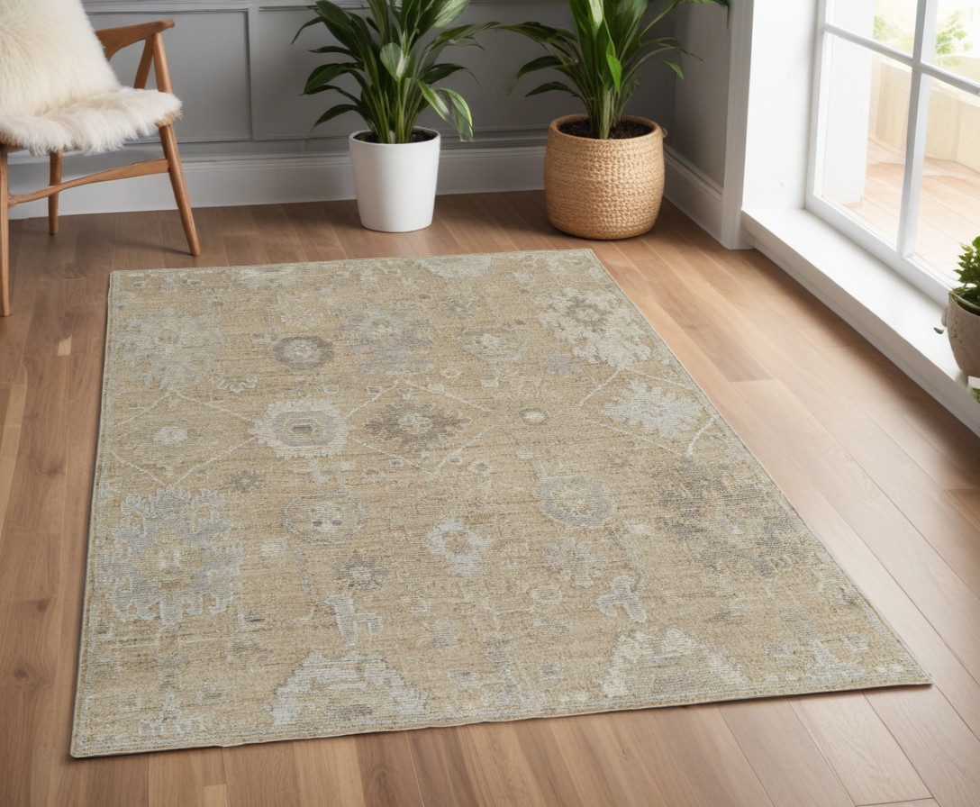 567175 4 x 6 ft. Wool Floral Hand Knotted Rectangle Area Rug, Tan & Ivory