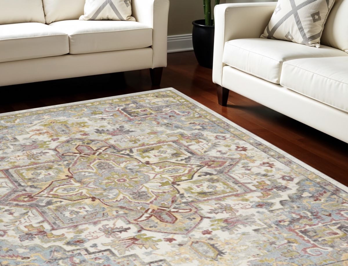 551339 8 x 10 ft. Floral Rectangle Area Rug, Ivory, Green & Gray