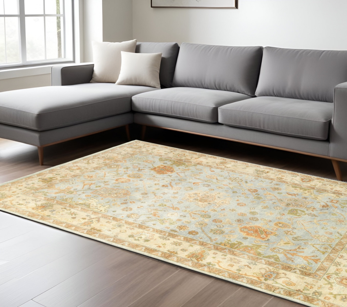 576361 10 x 14 ft. Wool Oriental Hand Knotted Rectangle Area Rug, Blue & Sand