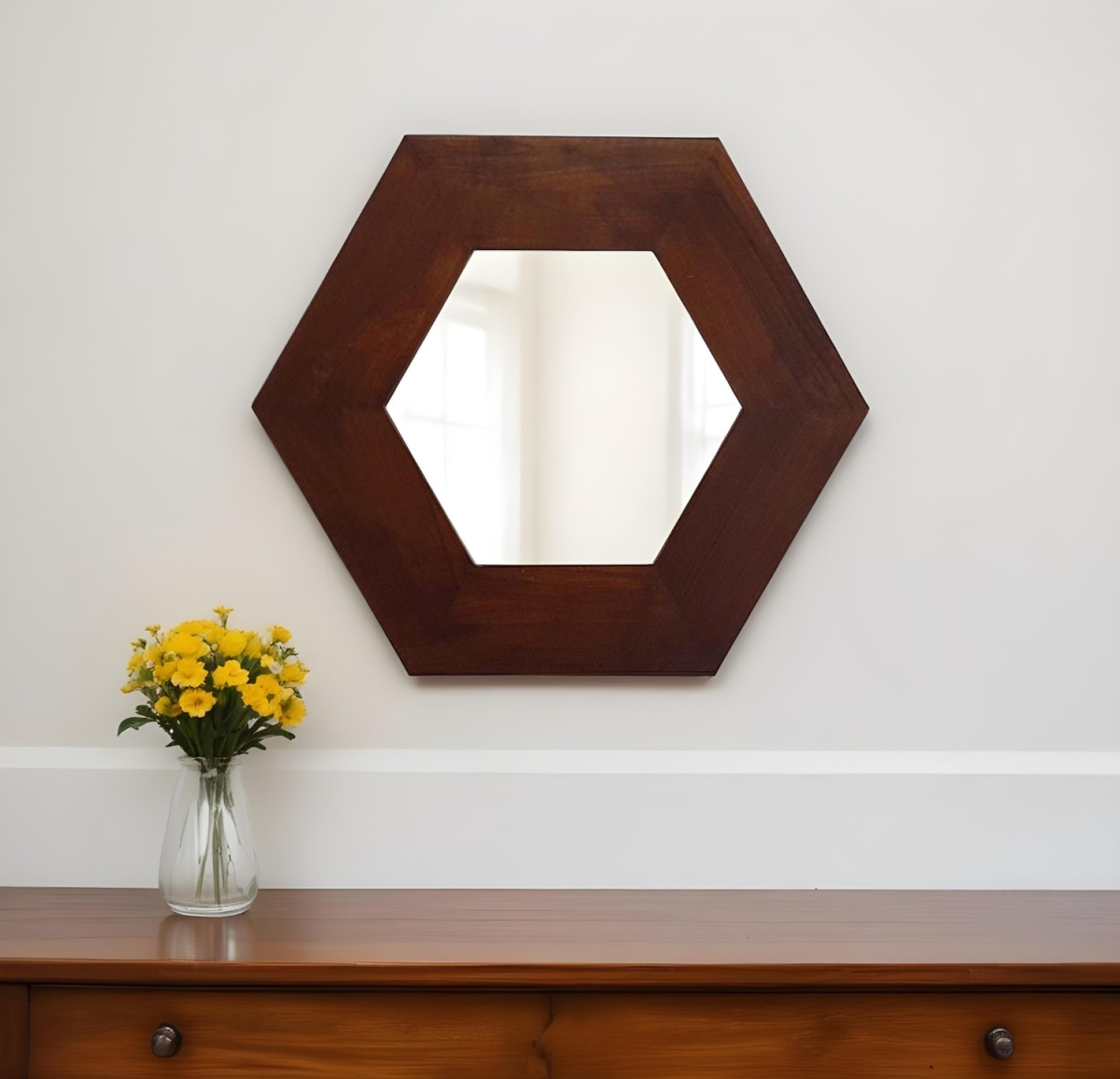 485118 19 in. Dark Brown Hexagon Solid Wood Framed Accent Mirror