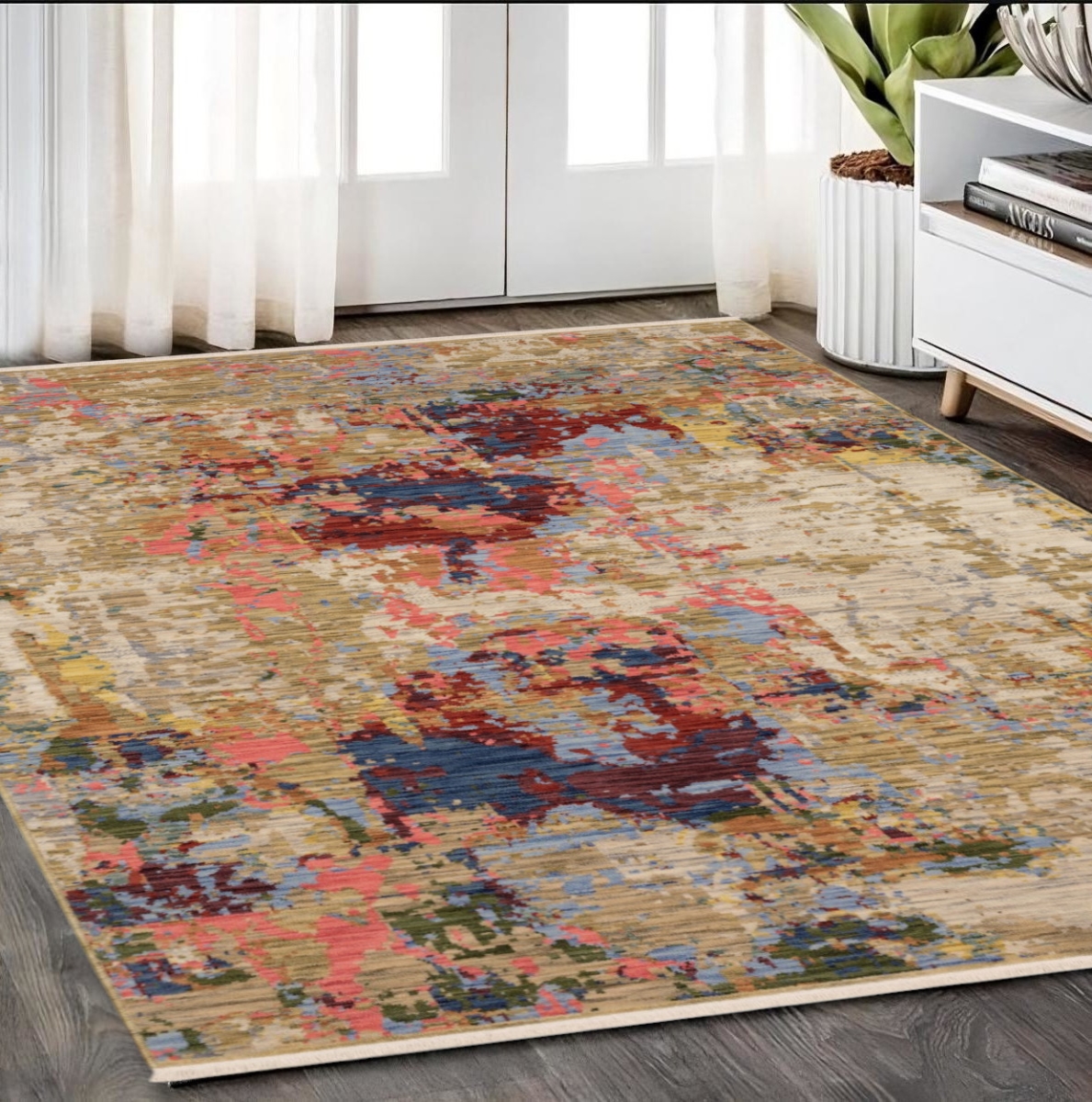 575667 5 x 8 ft. Abstract Rectangle Area Rug with Fringe, Beige, Tan & Rust