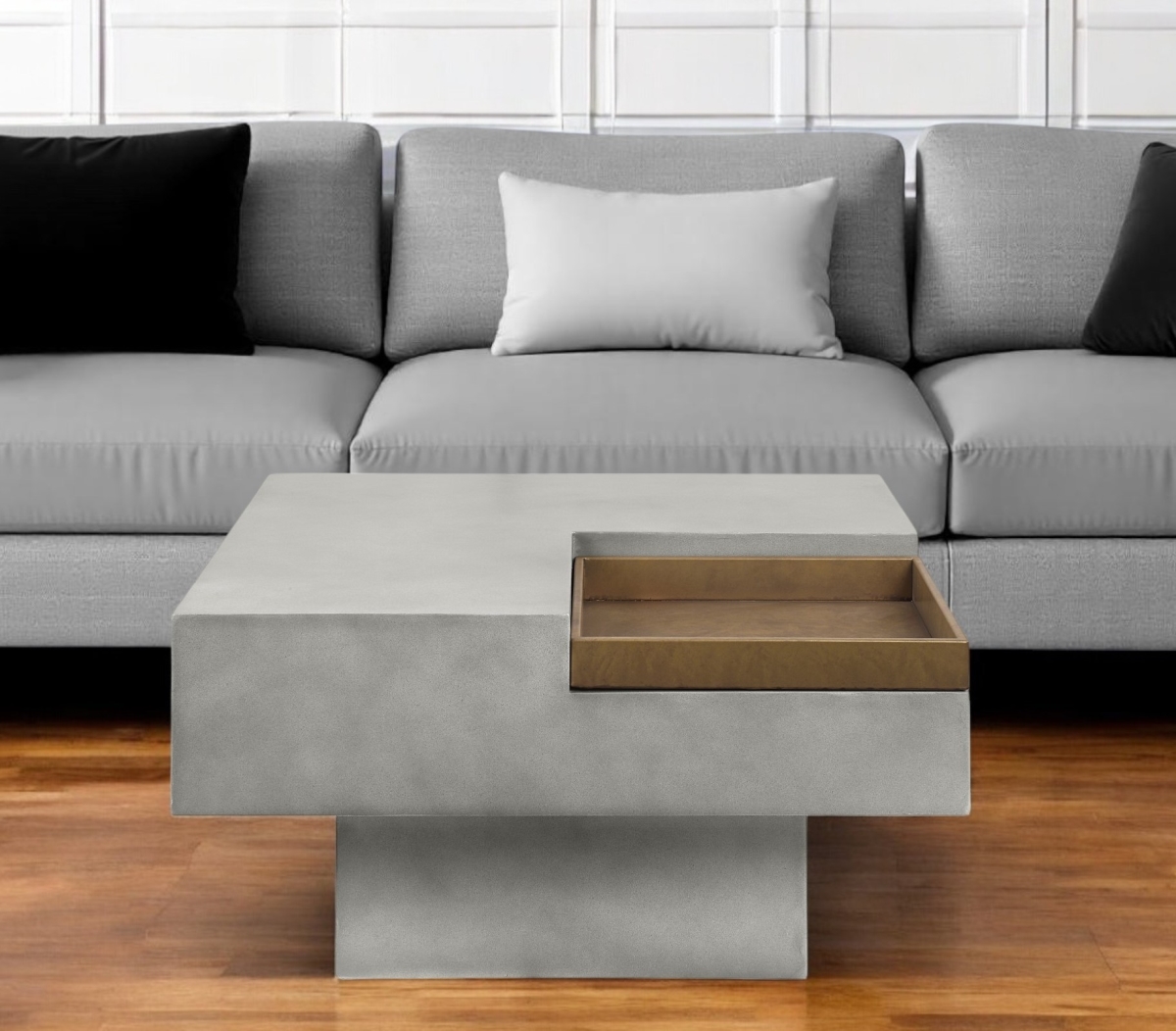 572274 32 in. Gray Cement Square Distressed Pedestal Coffee Table