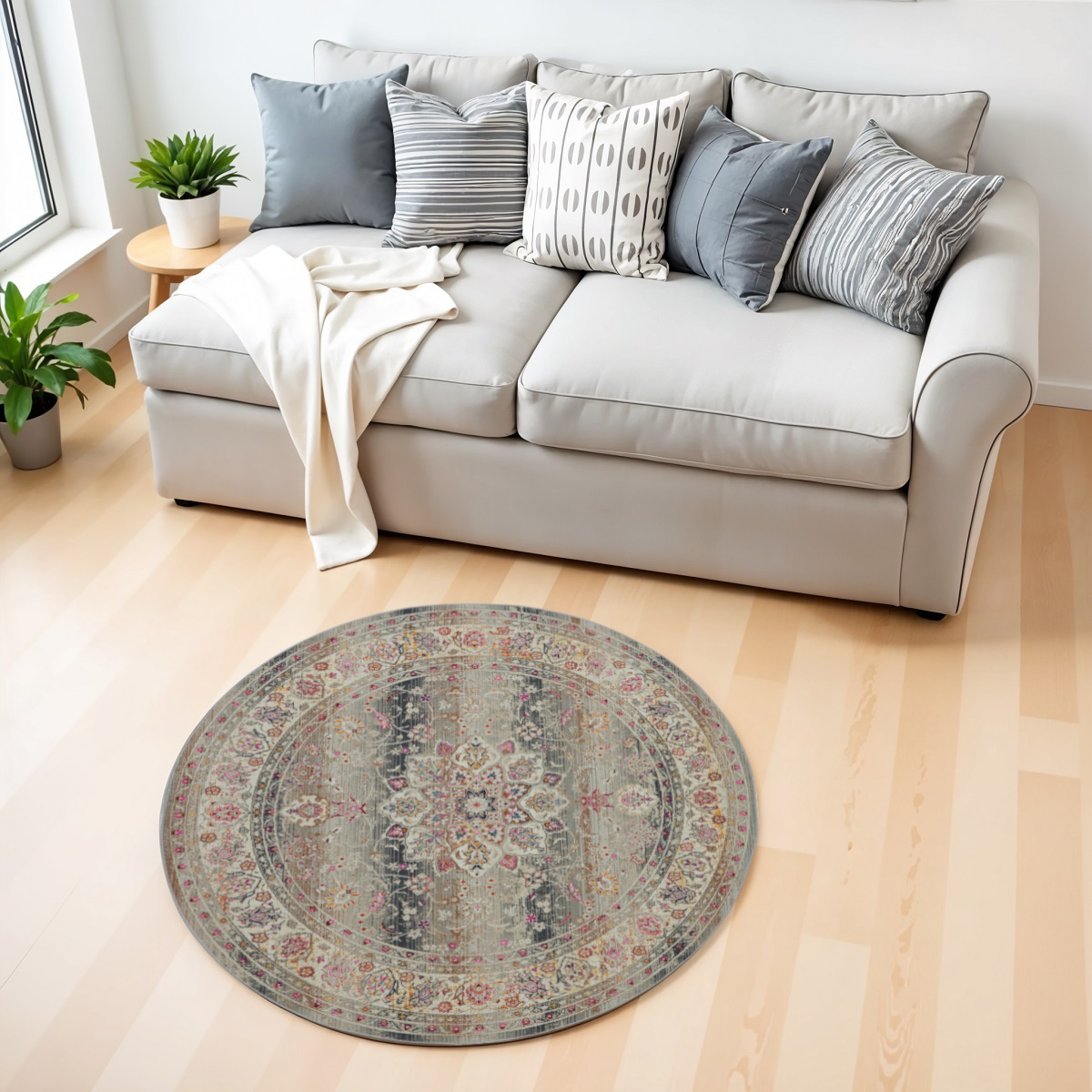 552438 4 ft. Floral Distressed Round Rug, Ivory, Brown & Gray