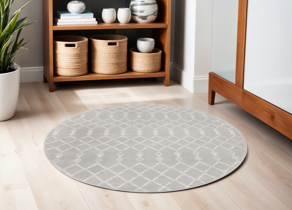 552405 5 ft. Geometric Power Loom Round Rug, Gray & Ivory