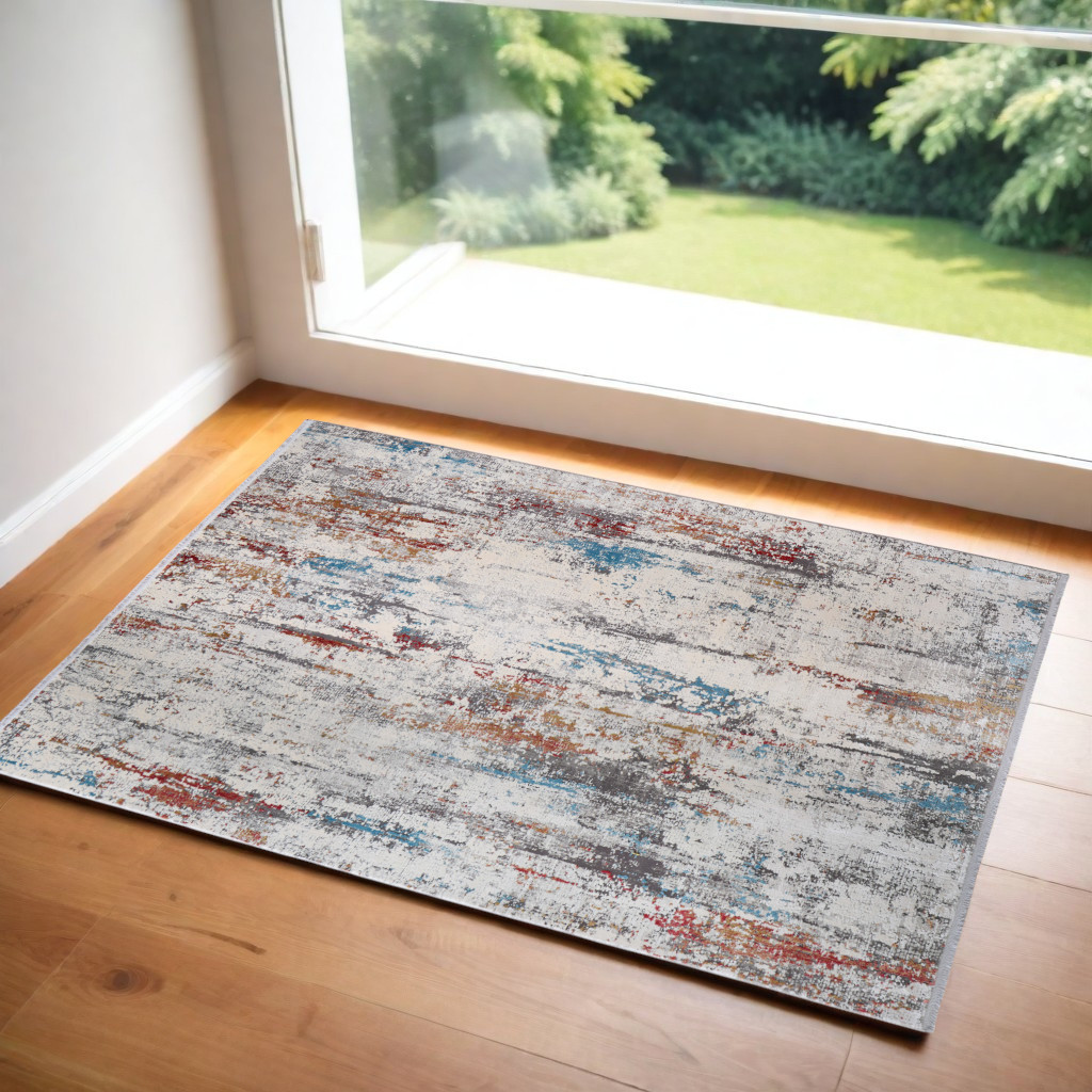 566062 3 x 5 ft. Abstract Power Loom Rectangle Area Rug with Fringe, Gray, Blue & Red