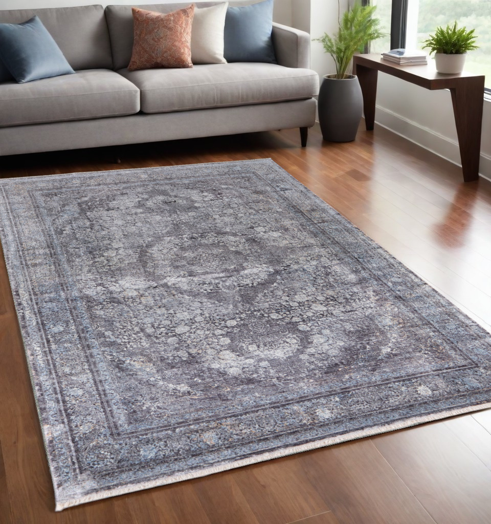 566370 5 x 7 ft. Oriental Power Loom Worn Faded Rectangle Area Rug, Gray & Silver