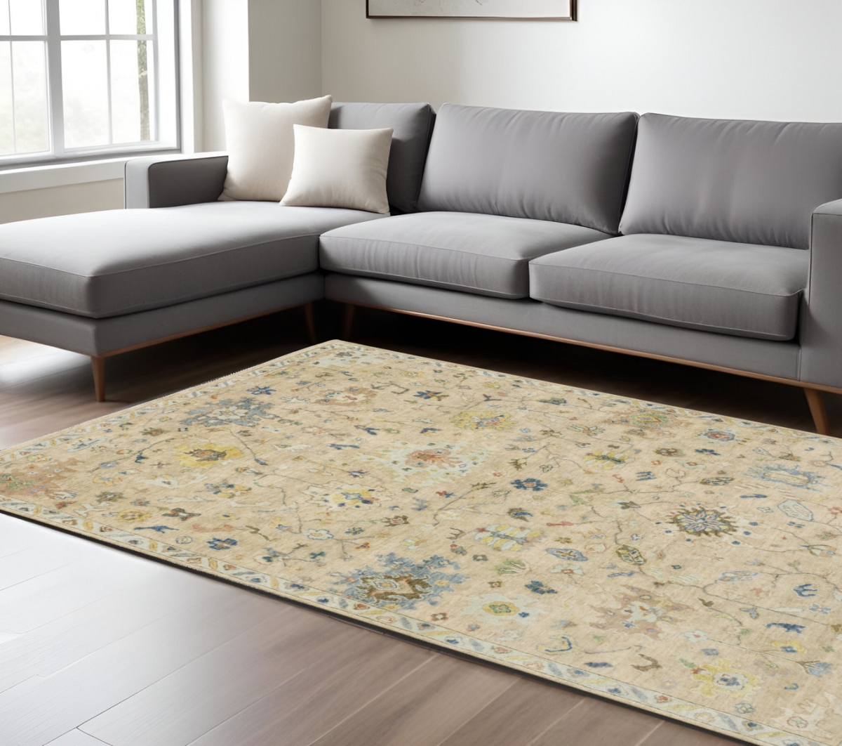 576460 9 x 12 ft. Wool Oriental Hand Knotted Rectangle Area Rug with Fringe, Gray, Green & Yellow