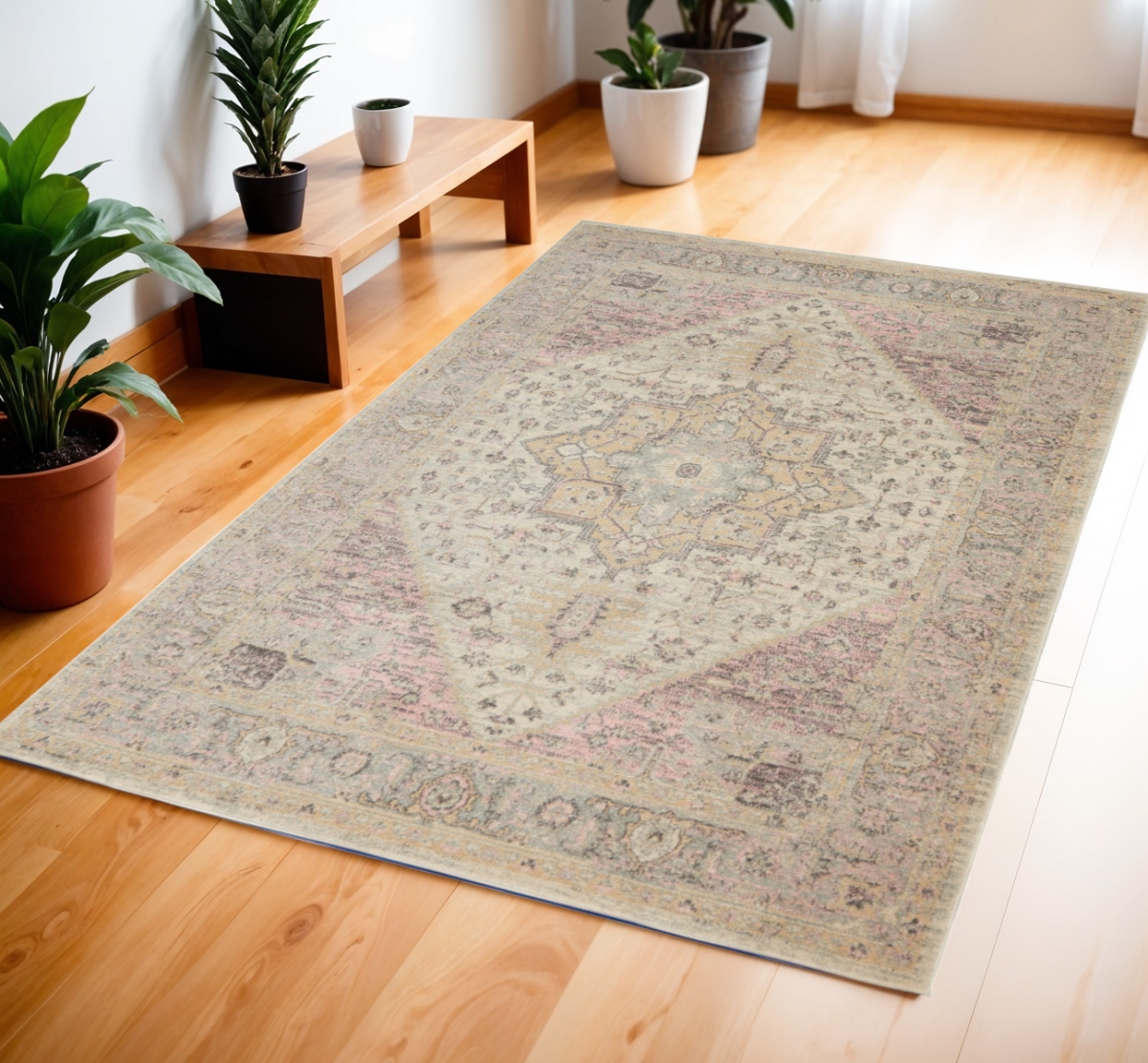553264 4 x 6 ft. Floral Distressed Rectangle Area Rug, Ivory, Pink & Gray