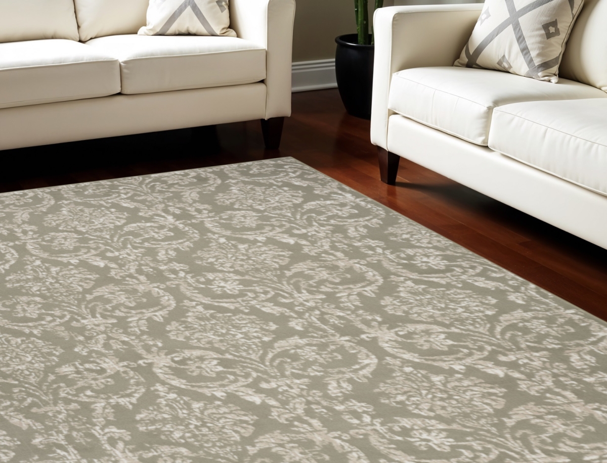 550973 8 x 10 ft. Damask Distressed Non Skid Rectangle Area Rug, Olive Green & Ivory