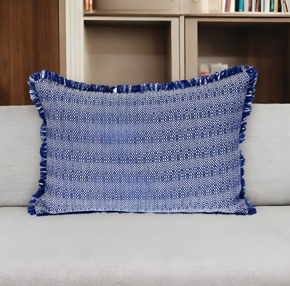 529342 14 x 20 in. Blue & White Striped Cotton Throw Pillow with Fringe