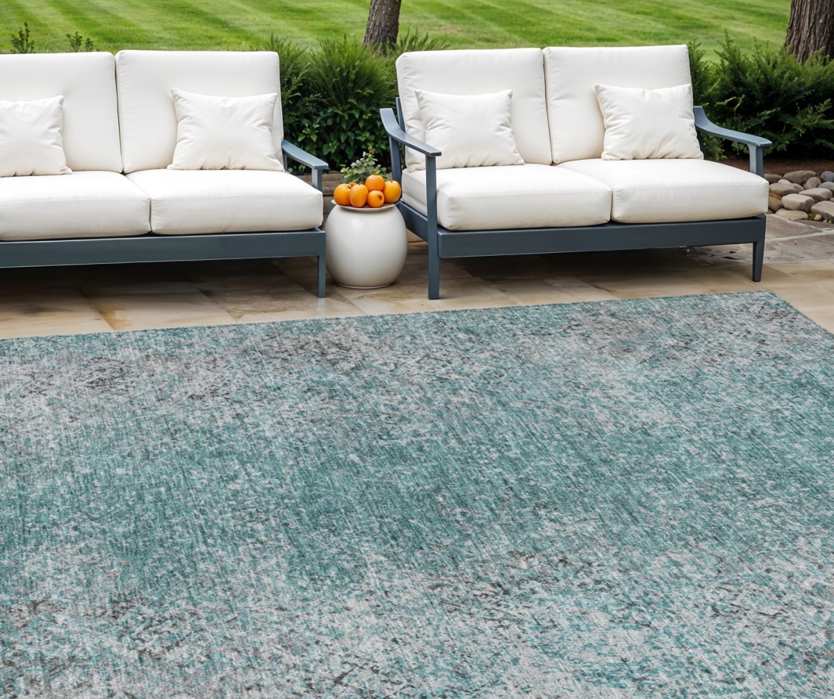 Picture of HomeRoots 588845 10 x 14 ft. Oriental Washable Indoor & Outdoor Rectangle Area Rug&#44; Teal Blue&#44; Gray & Charcoal