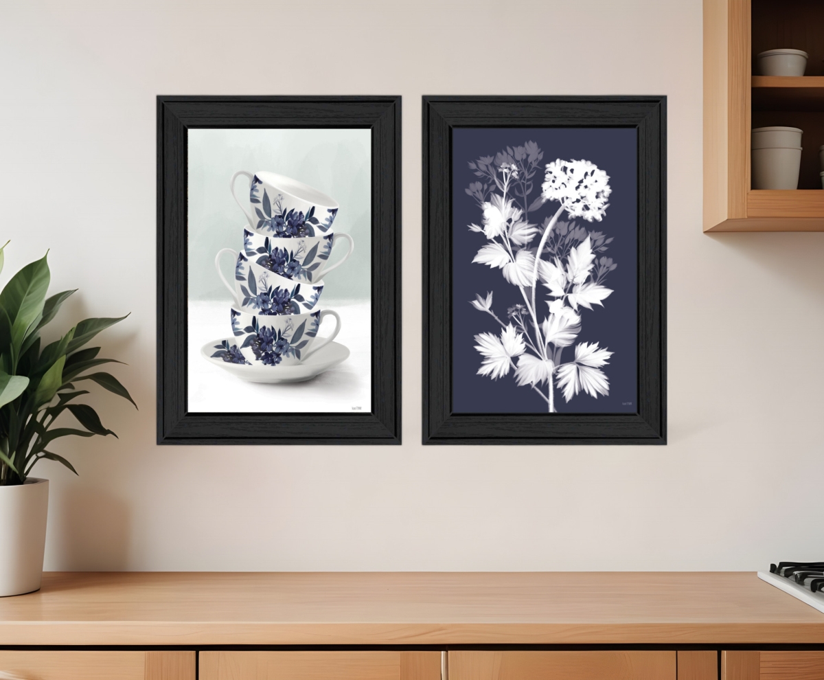 Tea Towers with Flowers Framed Print - Blue & White - Set of 2 - Rustic Style