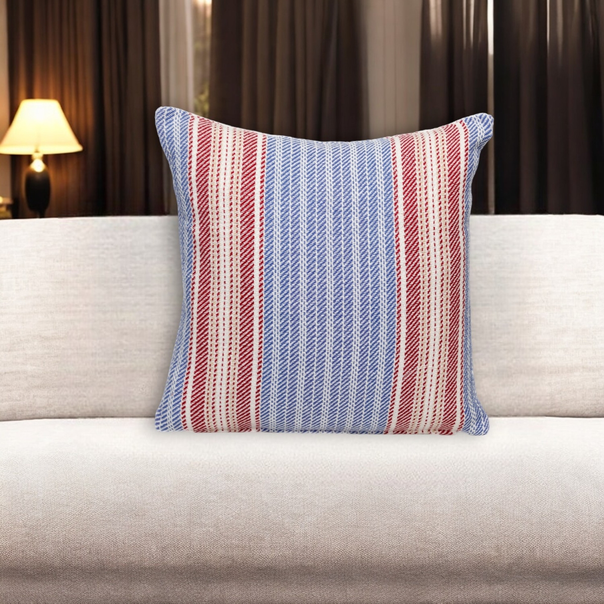 Striped Cotton Throw Pillow - Blue & Red - 16 in. - Soft & Cozy
