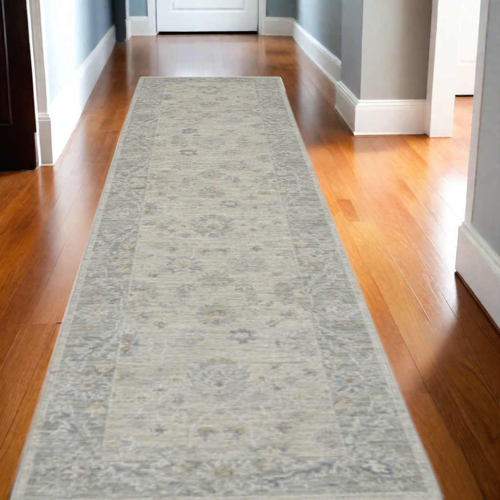 551193 10 ft. Floral Power Loom Runner Rug, Gray