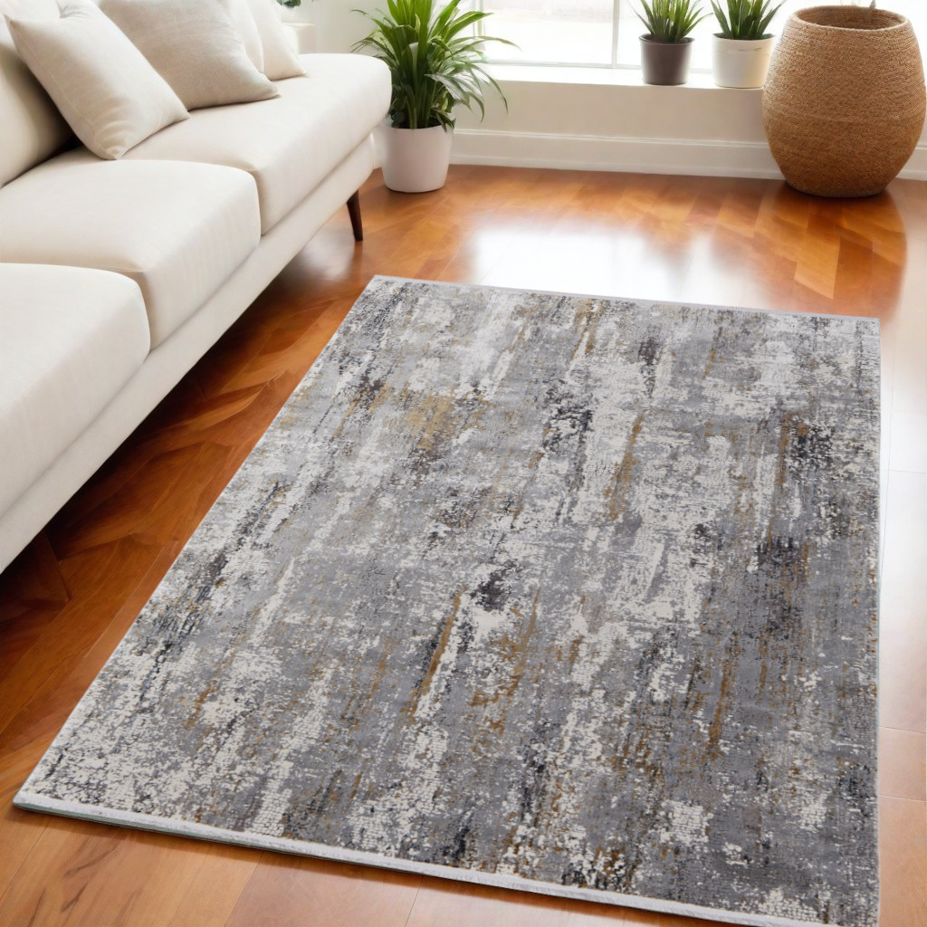 565993 5 x 8 ft. Abstract Power Loom Rectangle Area Rug with Fringe, Gray, Ivory & Gold
