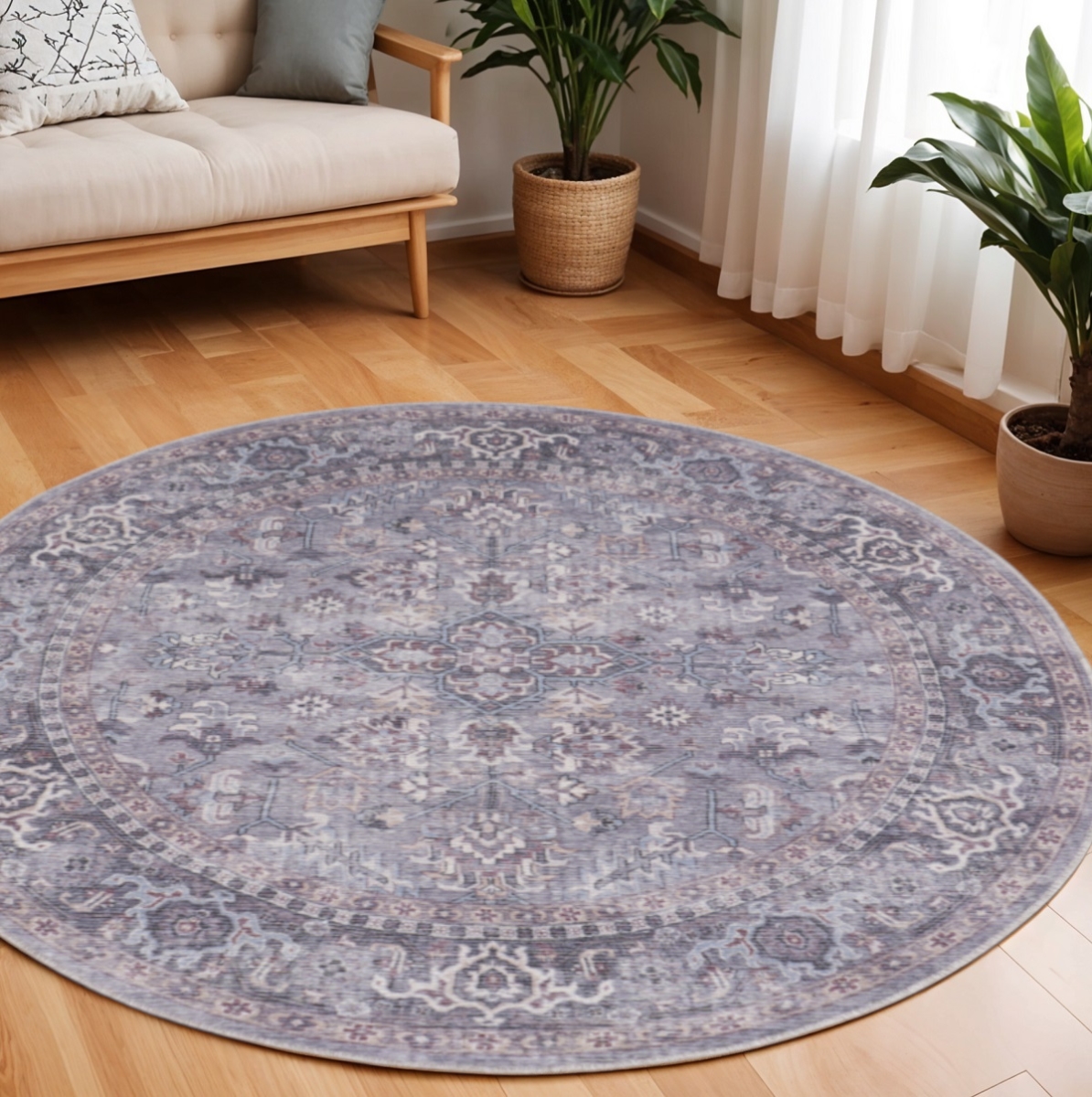 552340 8 ft. Round Floral Power Loom Distressed Area Rug, Gray