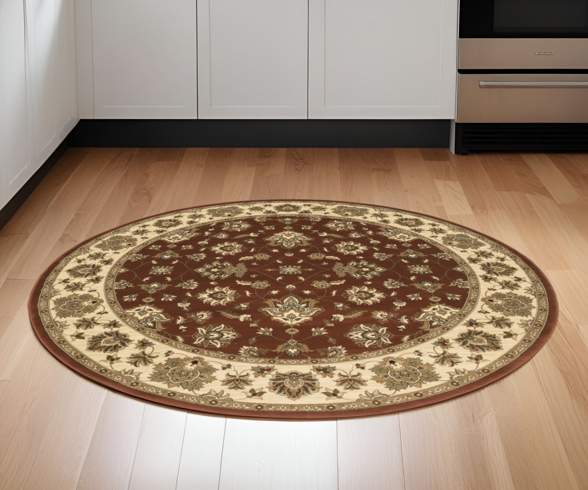 574191 6 ft. Floral Power Loom Round Rug, Red & Ivory