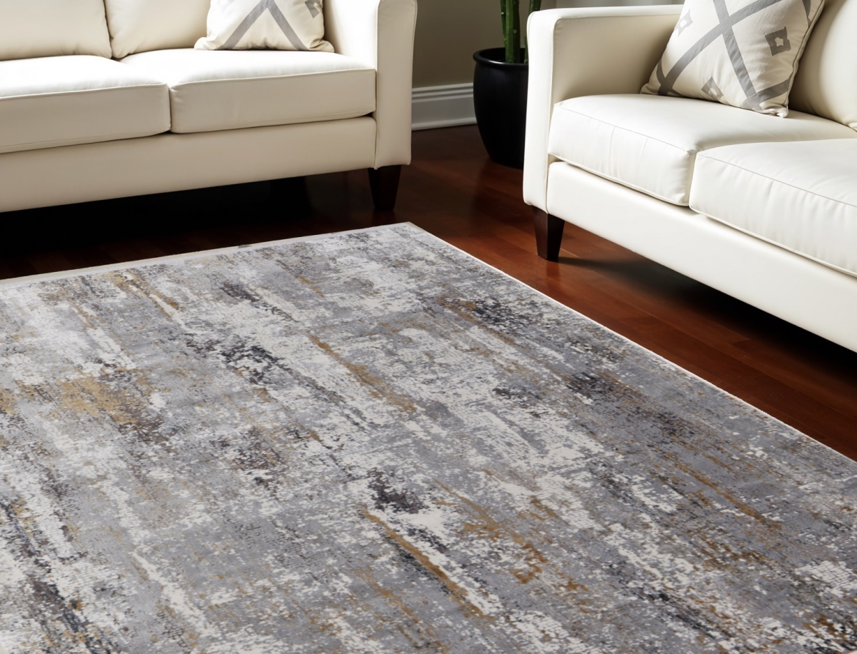 565995 8 x 11 ft. Abstract Power Loom Rectangle Area Rug with Fringe, Gray, Ivory & Gold