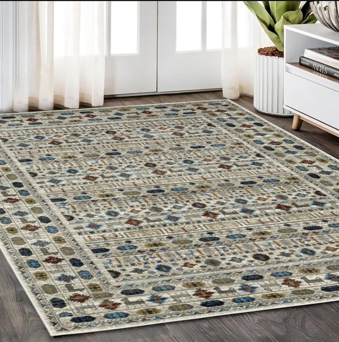 574665 5 x 7 ft. Tribal Rectangle Area Rug, Ivory, Tan & Gray