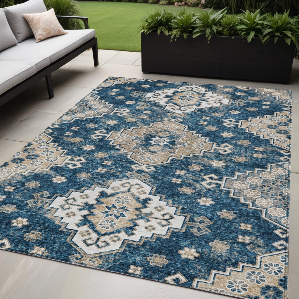 Picture of HomeRoots 589009 5 x 8 ft. Medallion Washable Indoor & Outdoor Traditional Rectangle Area Rug&#44; Navy Blue&#44; Beige & Ivory