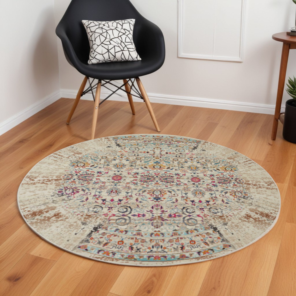 552357 6 ft. Floral Distressed Round Rug, Ivory & Brown