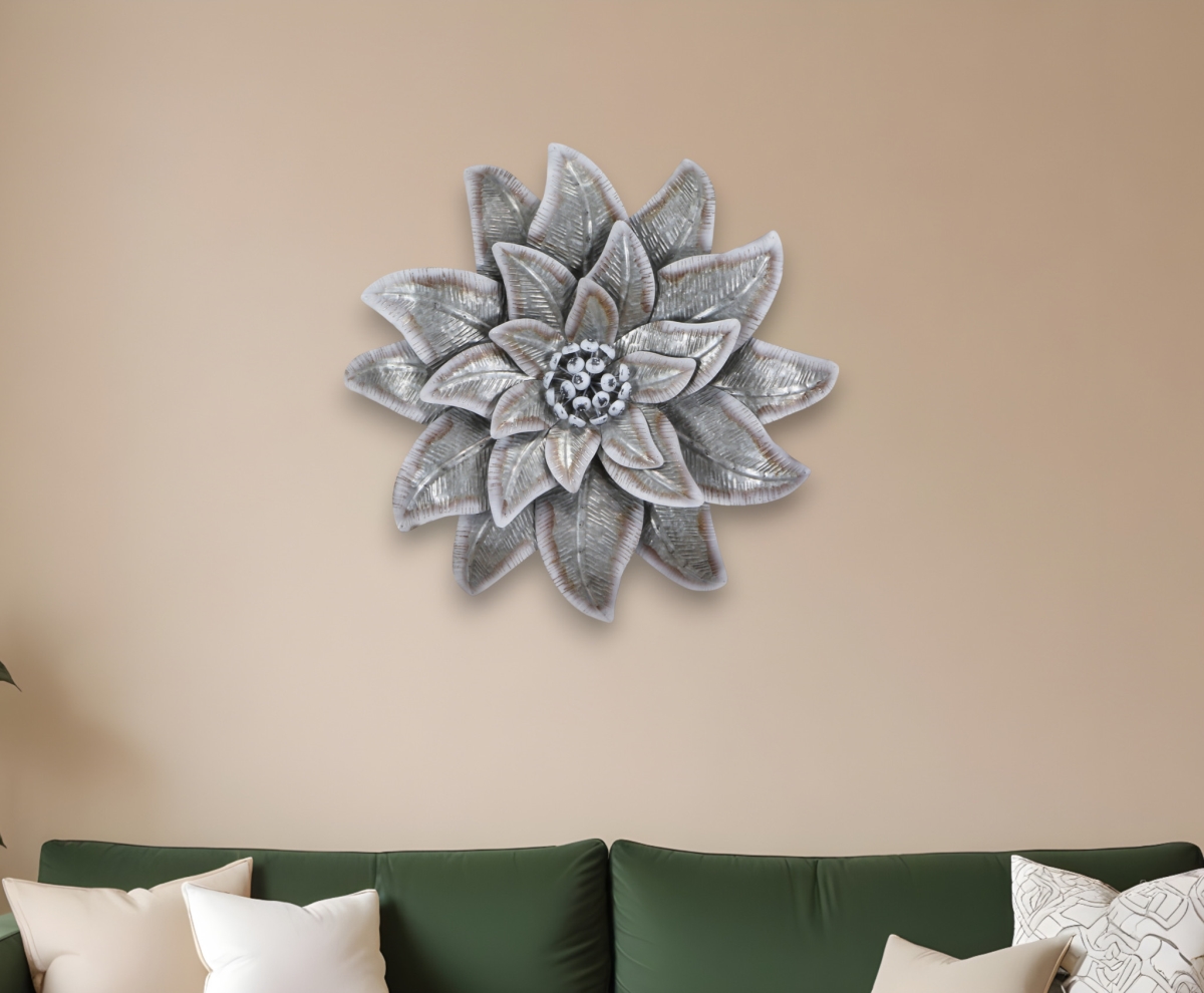 Picture of HomeRoots 483330 27 x 27 in. Gray & Off White Galvanized Metal Flower Hanging Dimensional Sculpture