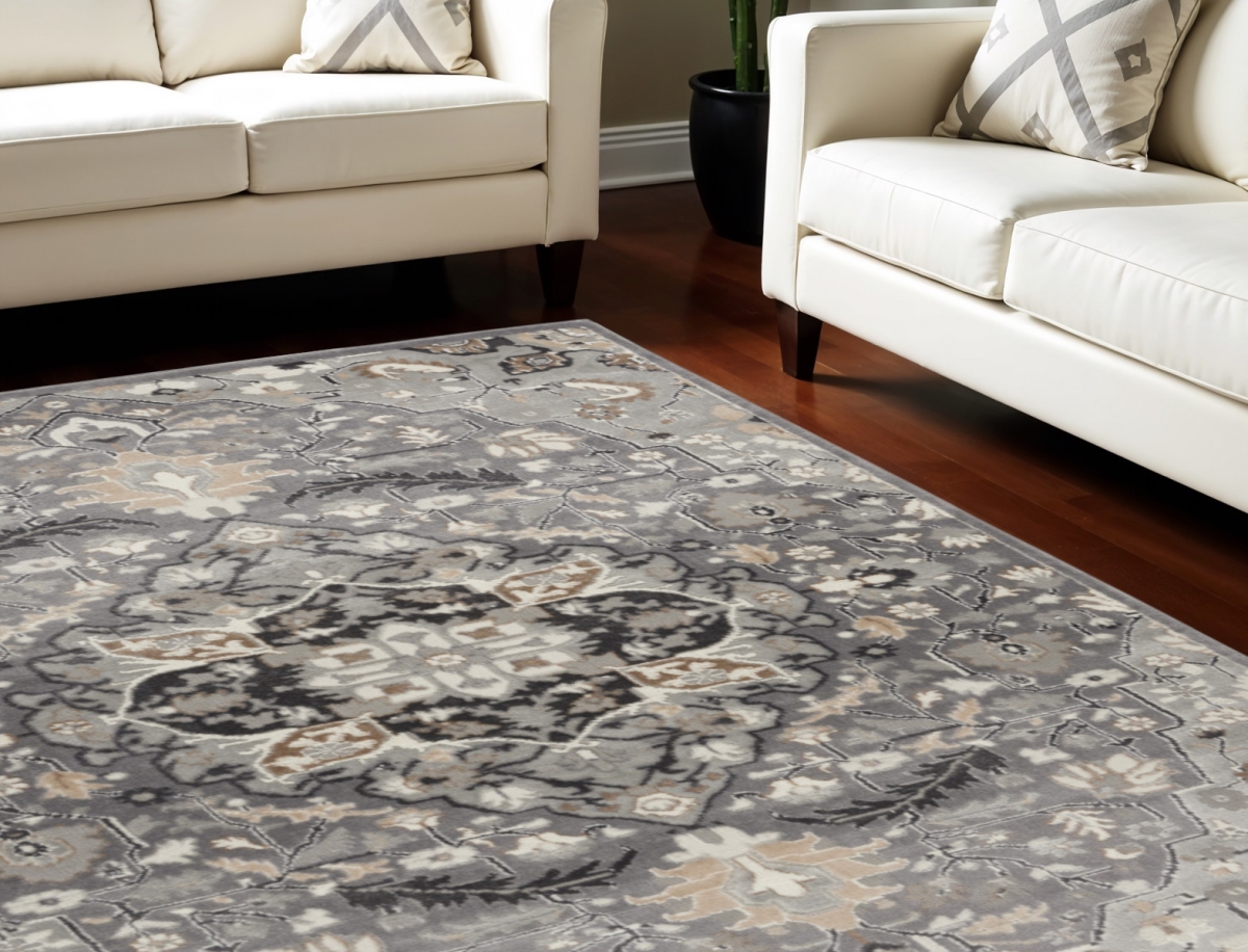 550179 6 x 9 ft. Floral Medallion Non Skid Rectangle Area Rug, Black & Gray