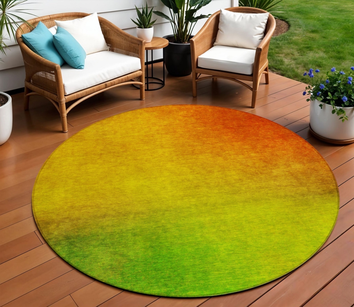 577279 8 ft. Round Ombre Washable Indoor & Outdoor Area Rug, Terra Cotta, Gold & Green