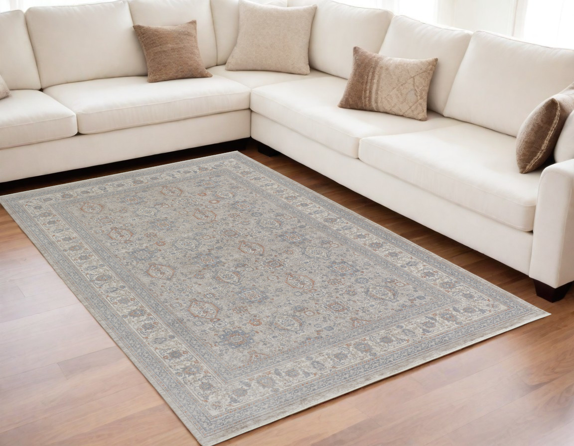 567421 5 x 7 ft. Oriental Power Loom Worn Faded Rectangle Area Rug with Fringe, Silver, Taupe & Blue