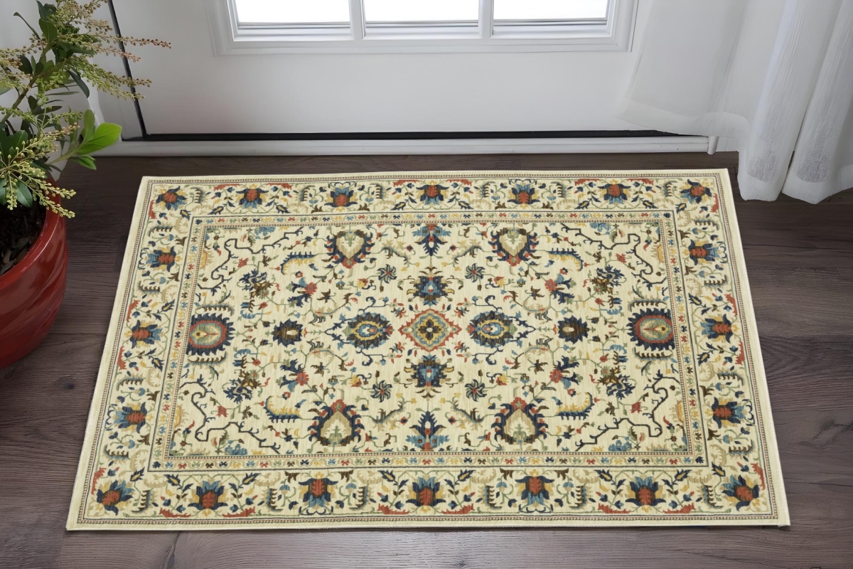 575239 3 x 5 ft. Oriental Rectangle Area Rug with Fringe, Ivory, Blue & Brown